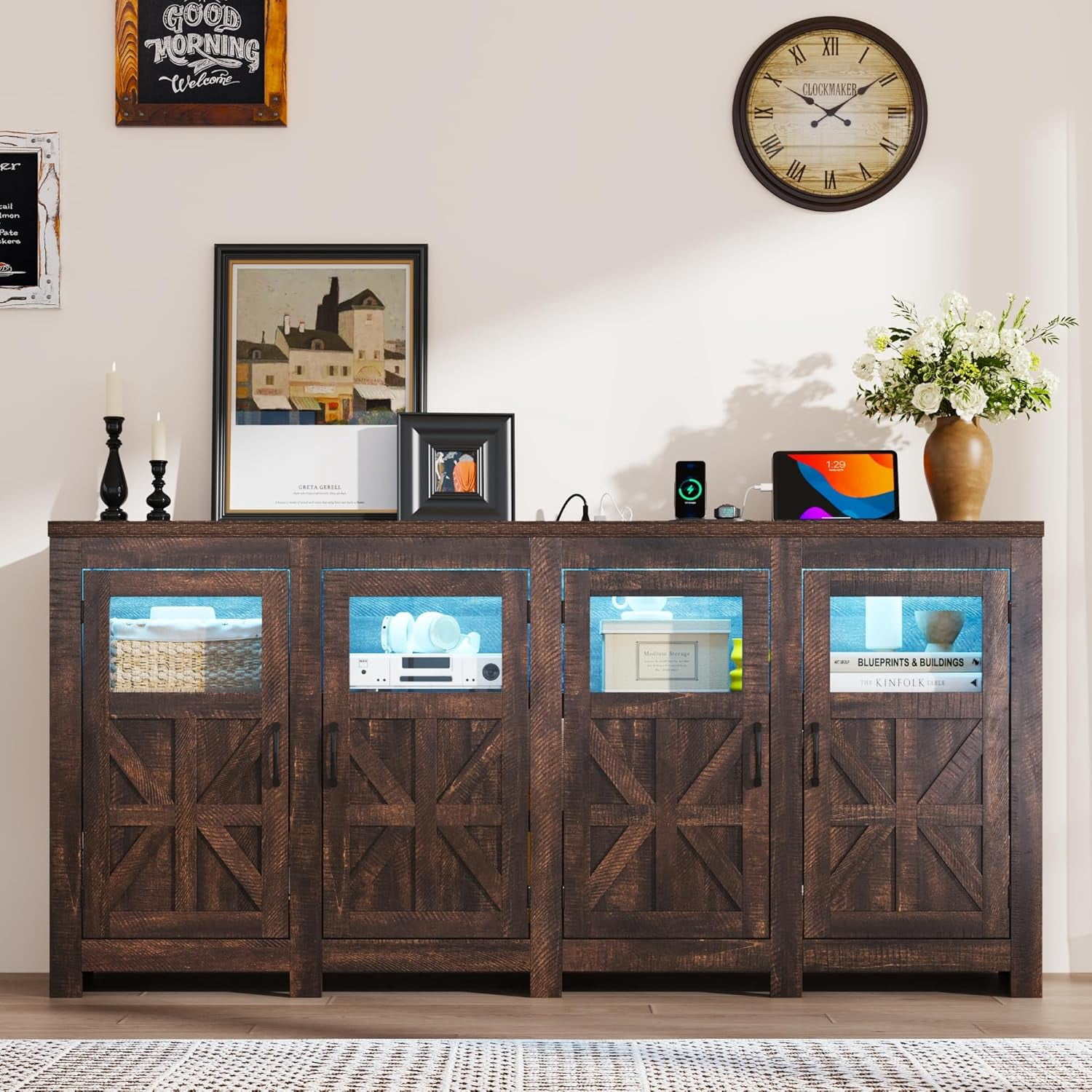 ChVans LED Farmhouse TV stand for up to 85" TVs with Power Outlet, 74" Large Entertainment Center Console Table, 33.5" Tall Rustic Media Console w/Storage Shelves for Living Room