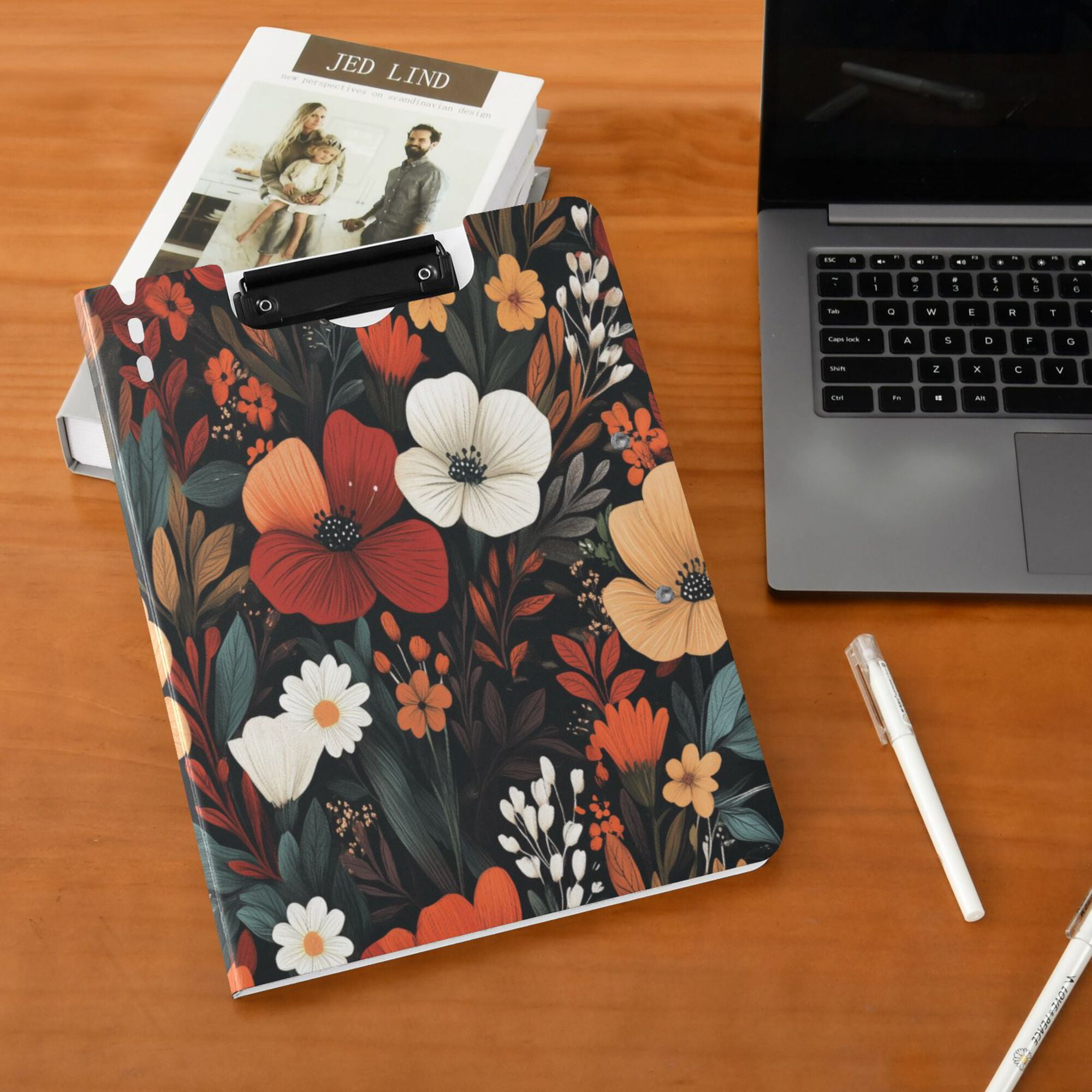FORMRS A4 Clipboard Folder with Pen Holder Horizontal Foldable School Office Binder, Red Flowers Pattern