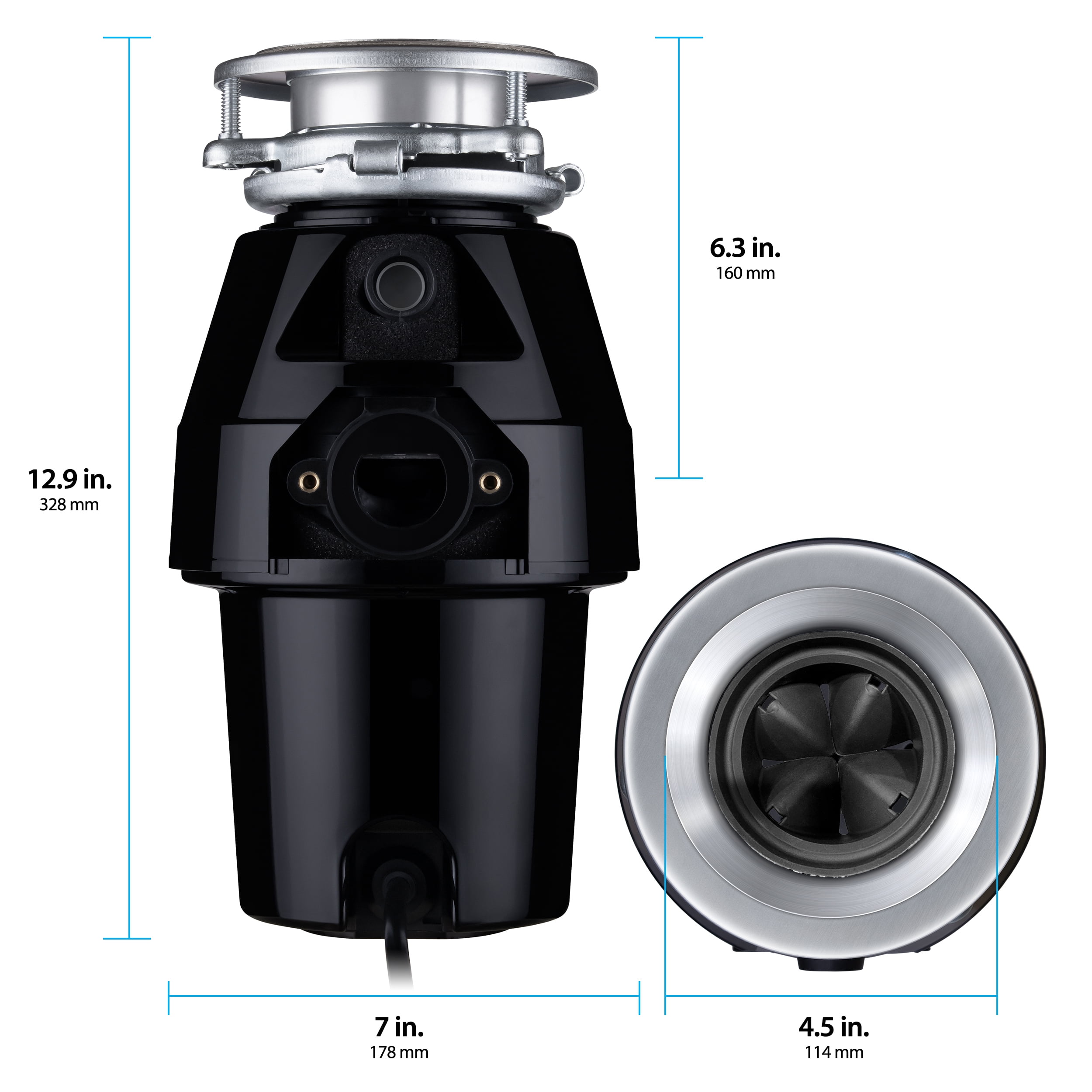 Eco Logic 1/2 HP Garbage Disposal with Black Sink Flange and Stopper Kit 10-US-EL-7-DS-3B-BK