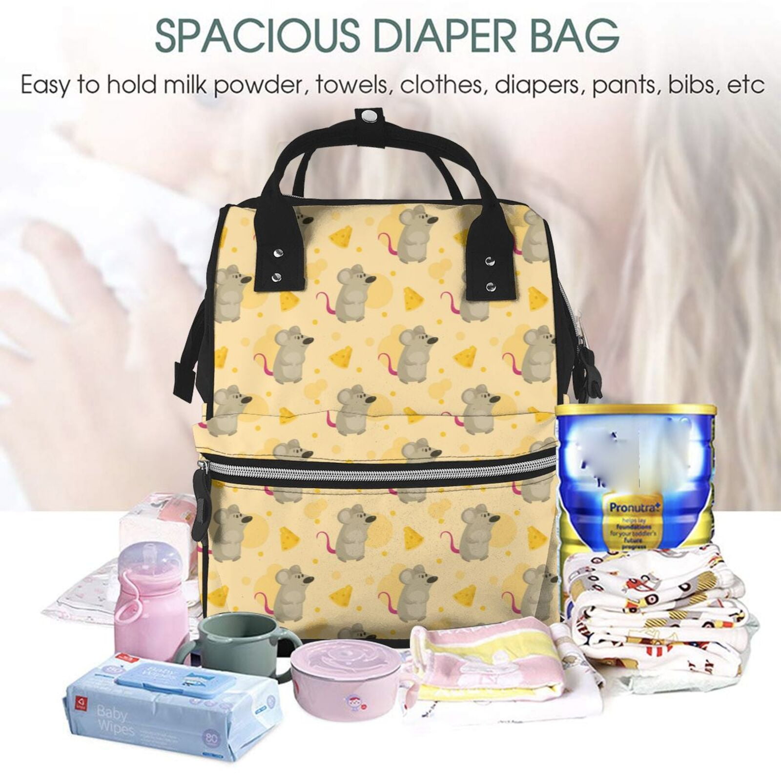 Fuzoiu mouse and cheese Print Diaper Bag Backpack,Baby Essentials Travel Tote,Multi function Waterproof Diaper Bag, Travel Essentials Baby Bag - Unisex