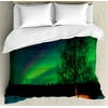 Northern Lights King Size Duvet Cover Set, Camping Tent under Magnetic Field Nature Picture, Decorative 3 Piece Bedding Set with 2 Pillow Shams, Lime Green Dark Blue Earth Yellow, by Ambesonne