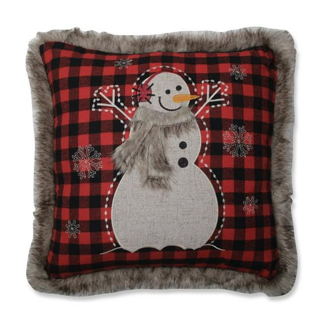18 in. Fur Snowman Square Throw Pillow, Red & Black
