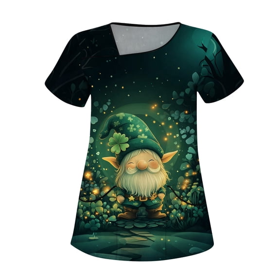 Fgvctg St. Patrick's Dayscrubs for Women V Neck Cute Shamrock Graphic Scrub Tops Holiday Short Sleeve T Shirts Loose Scrubs Working Shirts Nursing Uniforms with Pocket Fluorescent Green L