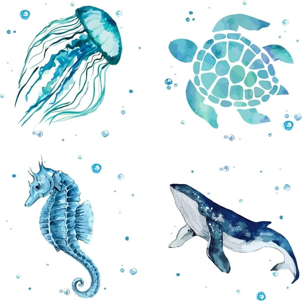 Calcomanías para ventanas con 4 estilos de animales marinos, calcomanías estáticas para vidrio, tortugas, caballitos de mar, ballenas, medusas, calcomanías para ventanas, calcomanías para dormitorio