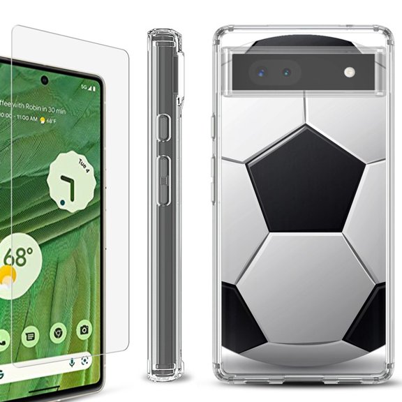 Shockproof Bumper Phone Case for Google Pixel 6a, with Tempered Glass Screen Protector, by OneToughShield ® - Soccer