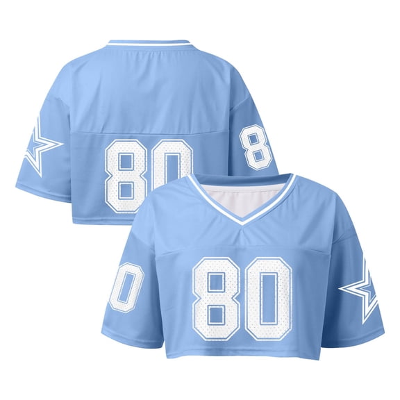 Trendfront Womens Number 80 Graphic Cropped Football V Neck Short Sleeve Color Block Game Day Athletic Crop Tops
