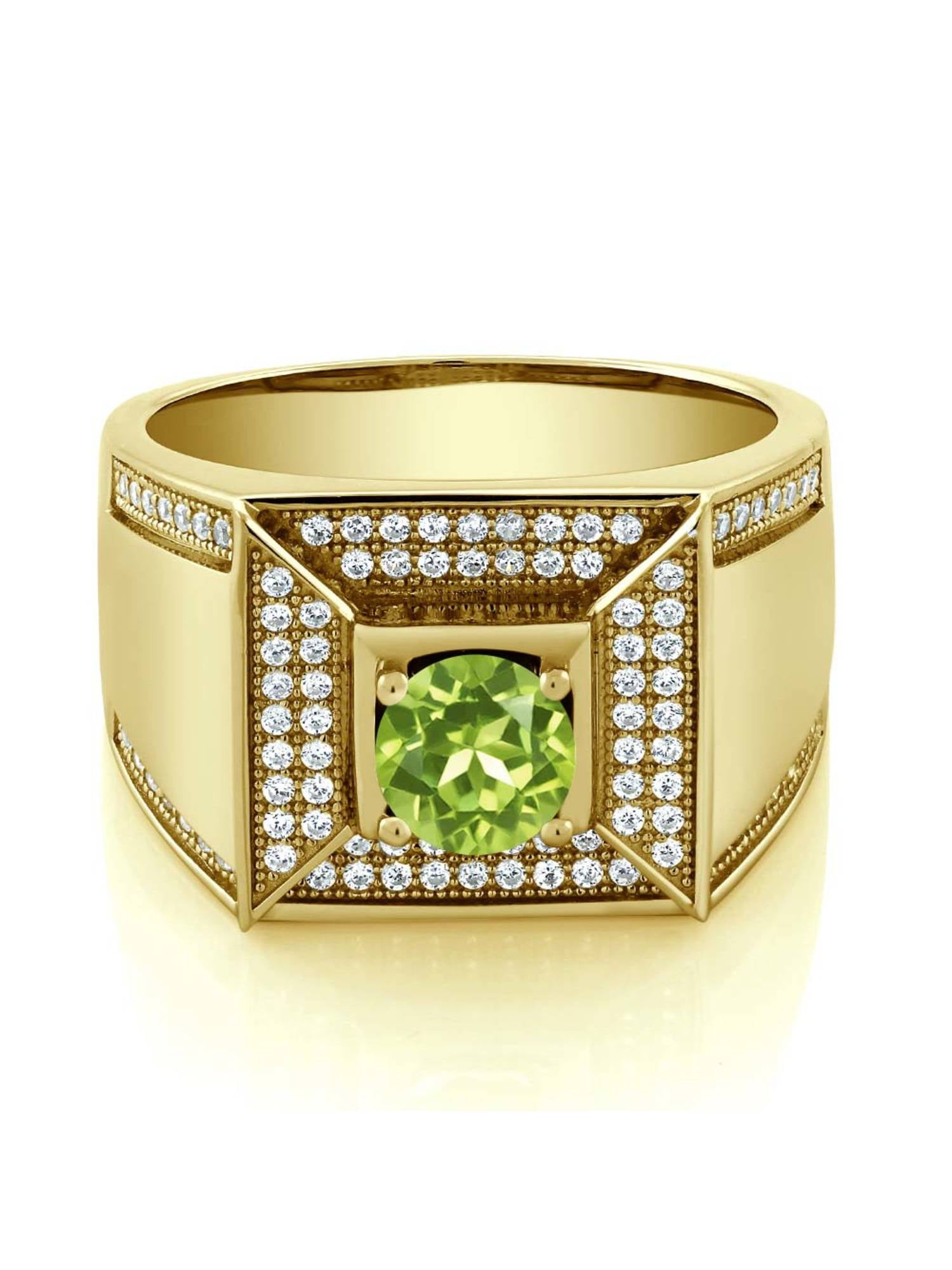 Gem Stone King 1.95 Ct Green Peridot Black Diamond 18K Yellow Gold Plated Silver Mens Ring 