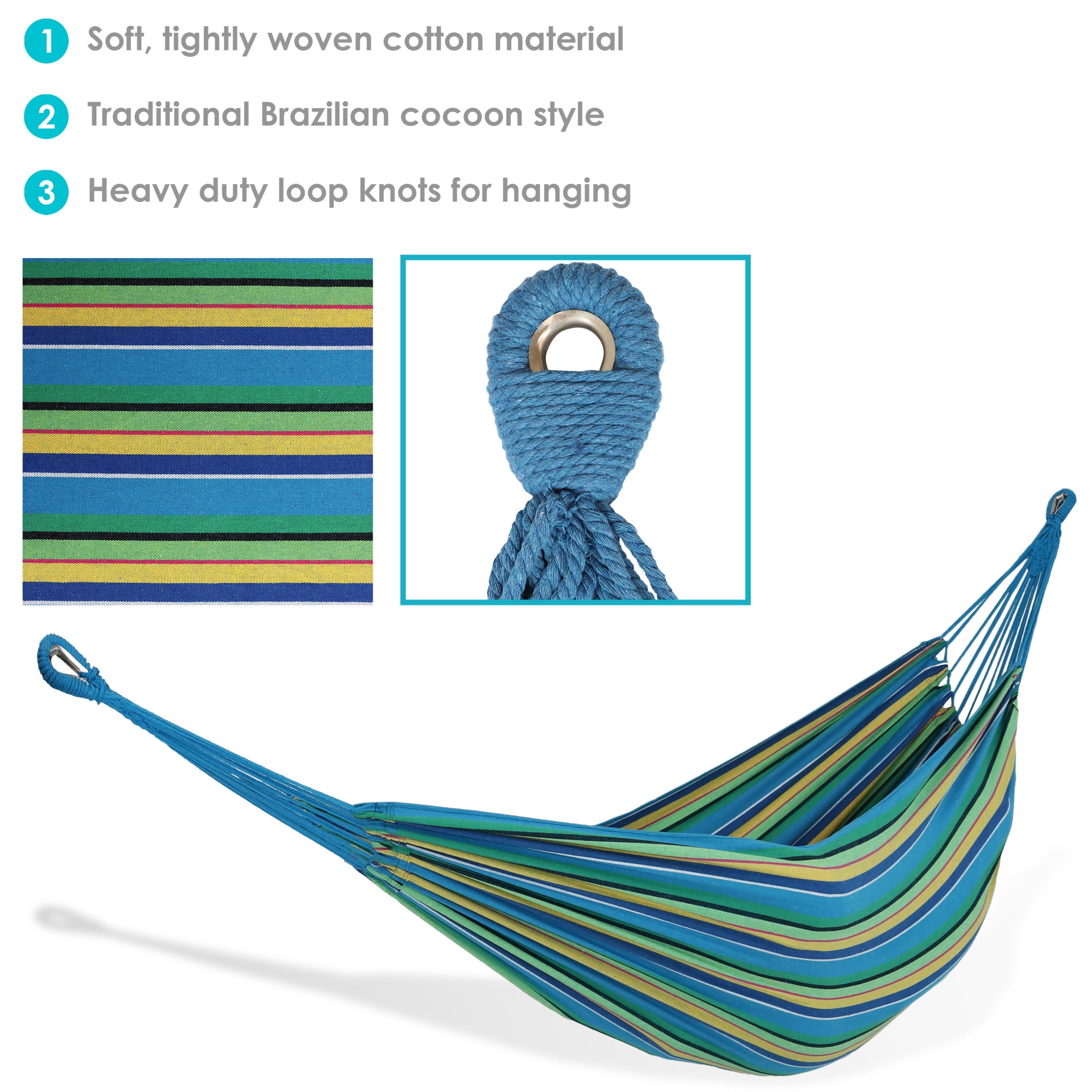 Sunnydaze 2-Person Woven Cotton Brazilian Hammock, 450 lb Capacity - Sea Grass