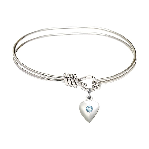 5 3/4 inch Oval Eye Hook Bangle Bracelet w/ Heart medal charm w/ March Blue Swarovski Crystal
