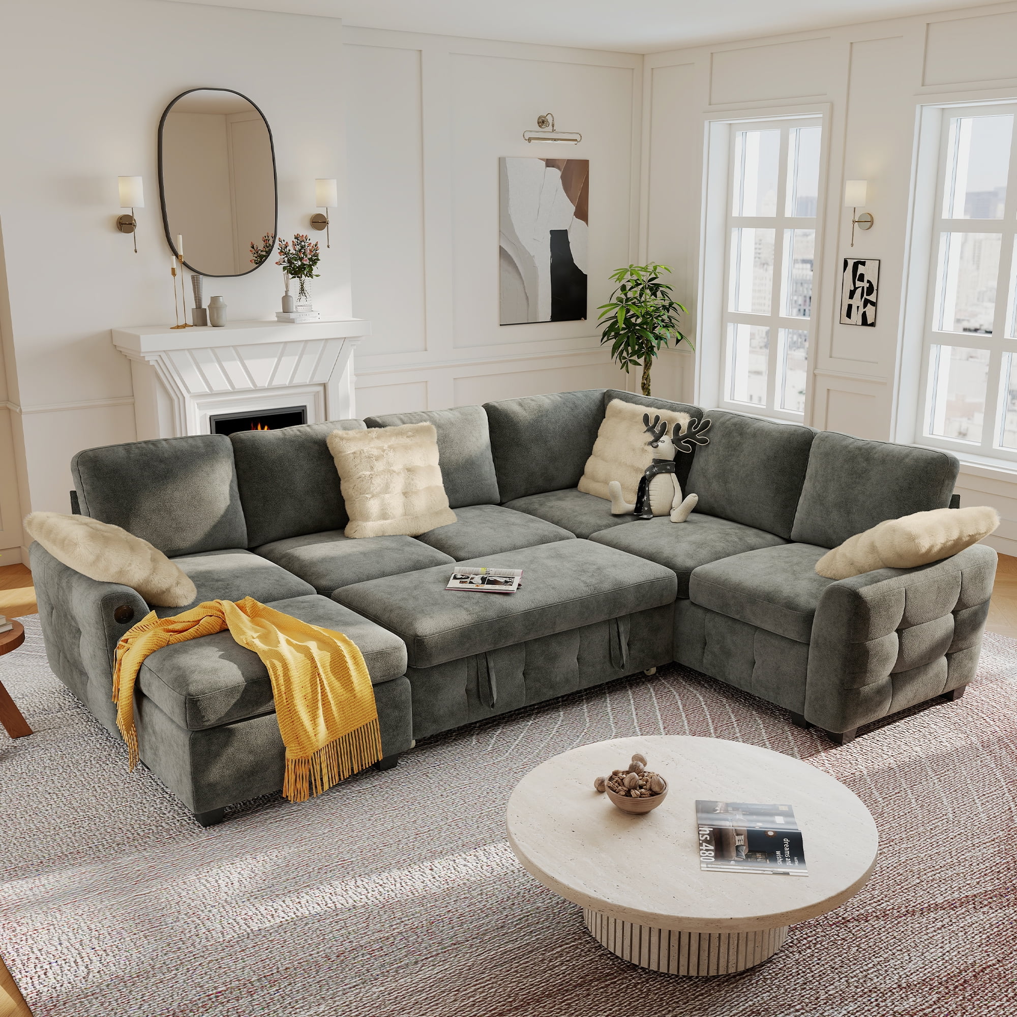 BedLuxury 106" Modular Sectional Sofa Bed with Pull Out Bed, Large Storage & USB Charging, Modern Sleeper Couch for Living Room, Chenille Gray