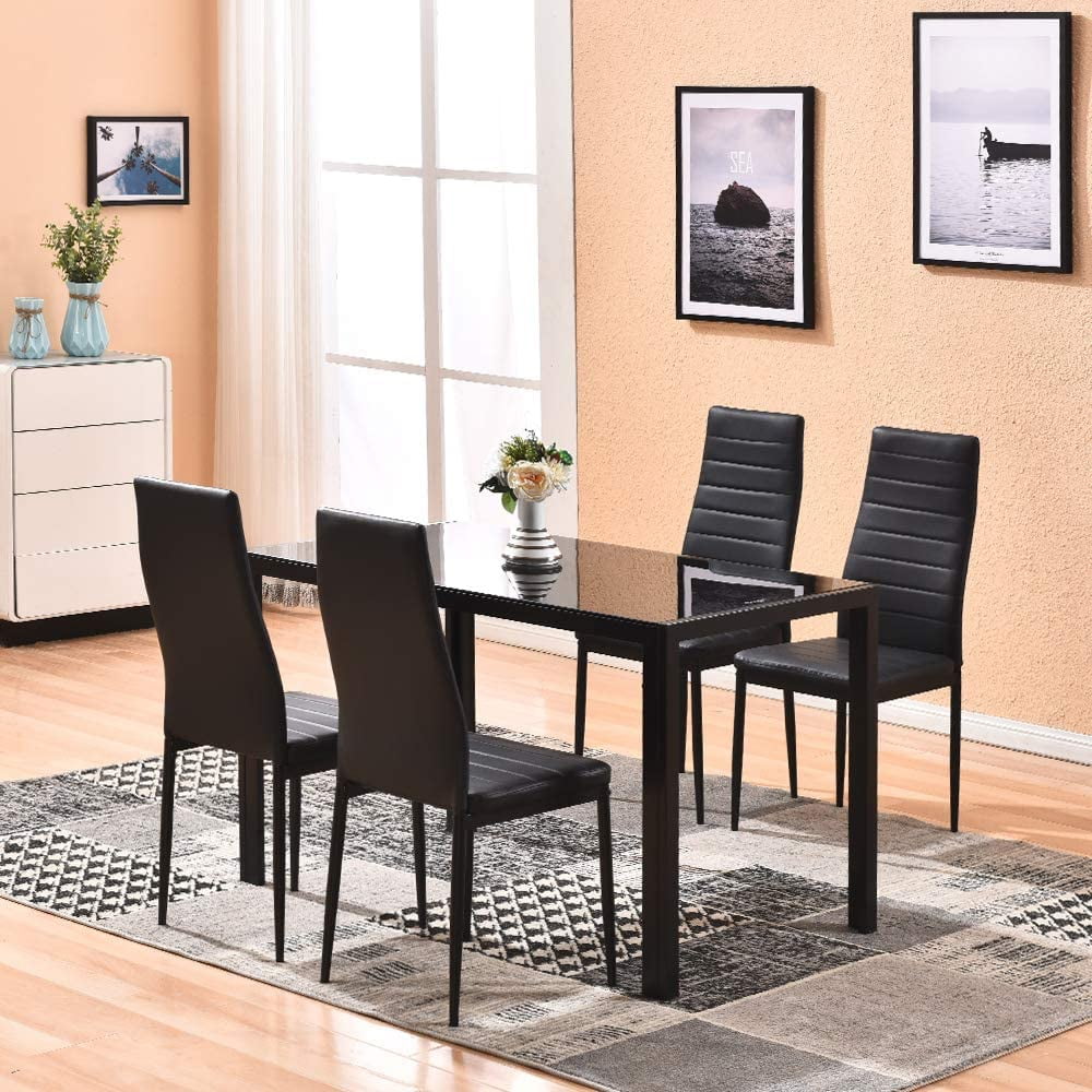 5 PCS Checker Style Glass Table Set Modern Tempered Glass Top Table and PU Leather Chairs with 4 Chairs Dining Room Furniture 4HOMART Dining Table with Chairs