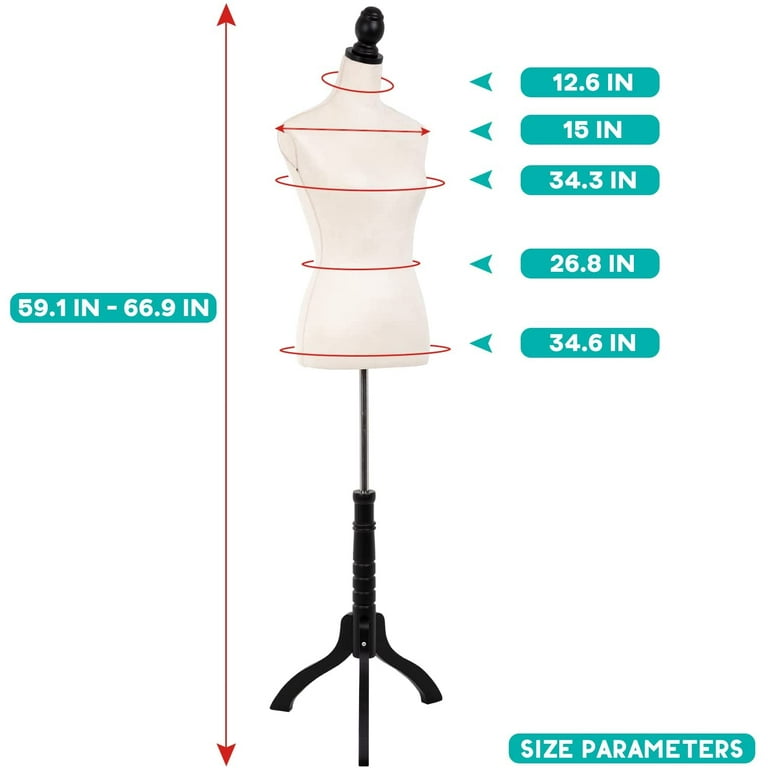 FDW Female model sewing dress form human body 59-67 inch adjustable dress  with vertical wooden base, White 