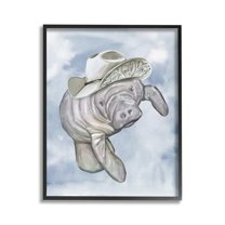 Stupell Industries Manatee with Stylish Hat Animals & Insects Painting Black Framed Art Print Wall Art, 16 x 20