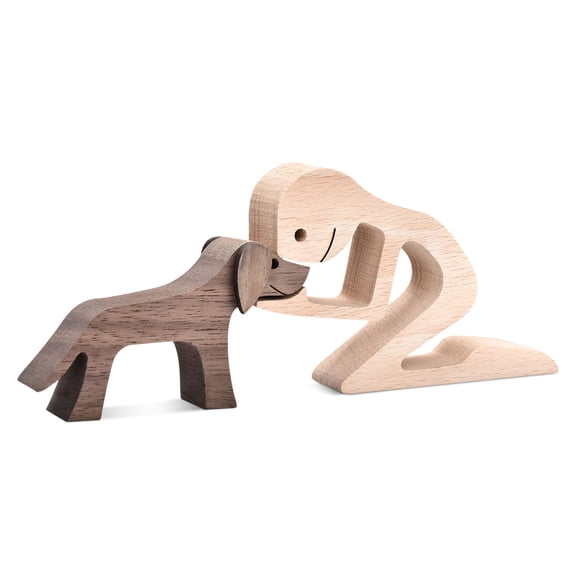 KY ISHINE Handmade Wood Decor Sculptures, Sitting Man and Dog Statue, Carved Creative Home Office Gift Decoration Natural ECO Friendly