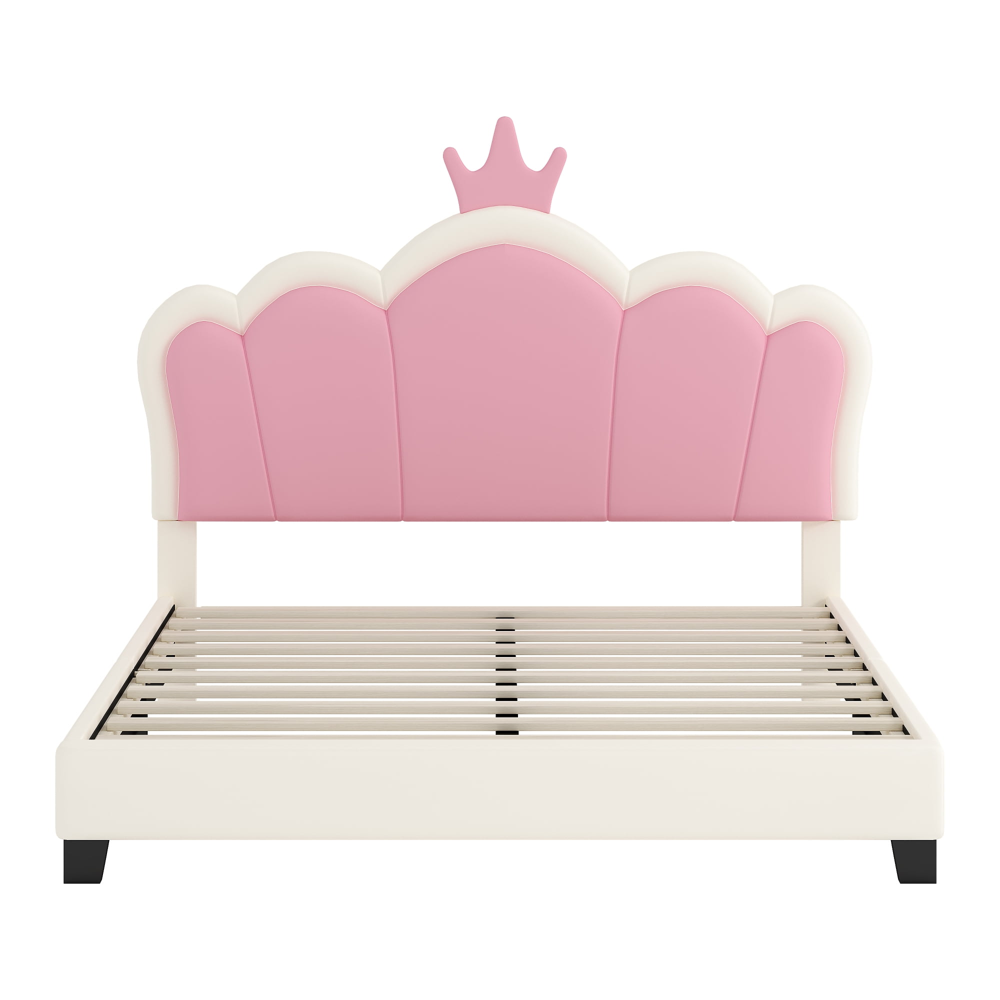 Jopath Full Size Upholstered Bed, Princess Platform Bed with Headboard, Crown Headboard Design for Toddler Kids Teens Cream 1