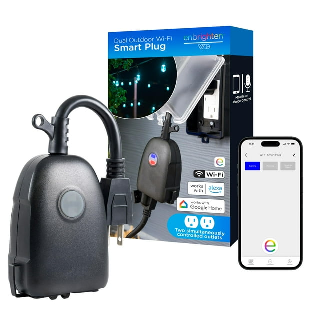 Enchufe inteligente para exteriores Enbrighten Vibe, 2 enchufes con conexión a tierra, color negro