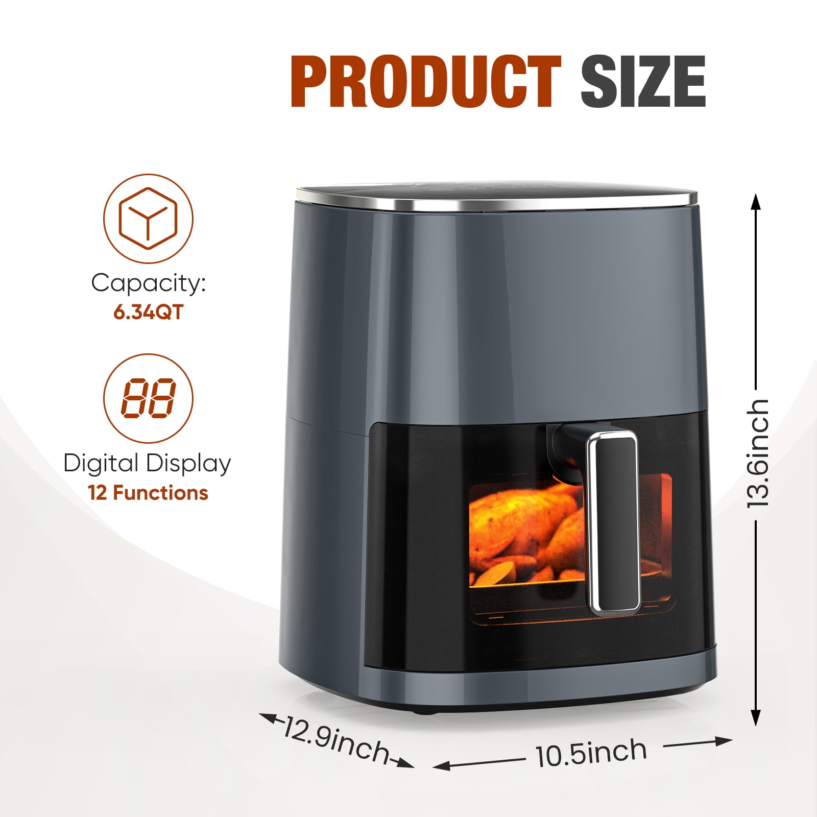 Sellary 6QT Air Fryer with Perspective Window and Light, 12-in-1, non-stick layer, suitable for Air Fry, Roast & More，Grey