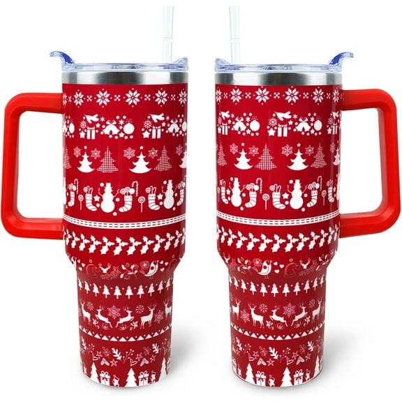 Christmas Mug 40 OZ Tumbler with Handle and Straw Lid Leak Proof - Christmas Tumbler with Handle Insulated for Hot Cold Ice - Christmas Birthday Gifts for Women Stainless Steel Cup