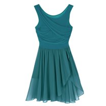 Raenseen Women Contemporary Lyrical Dress V-Neck Flowy Chiffon Ballet Leotard Dress Modern Dance Green XS