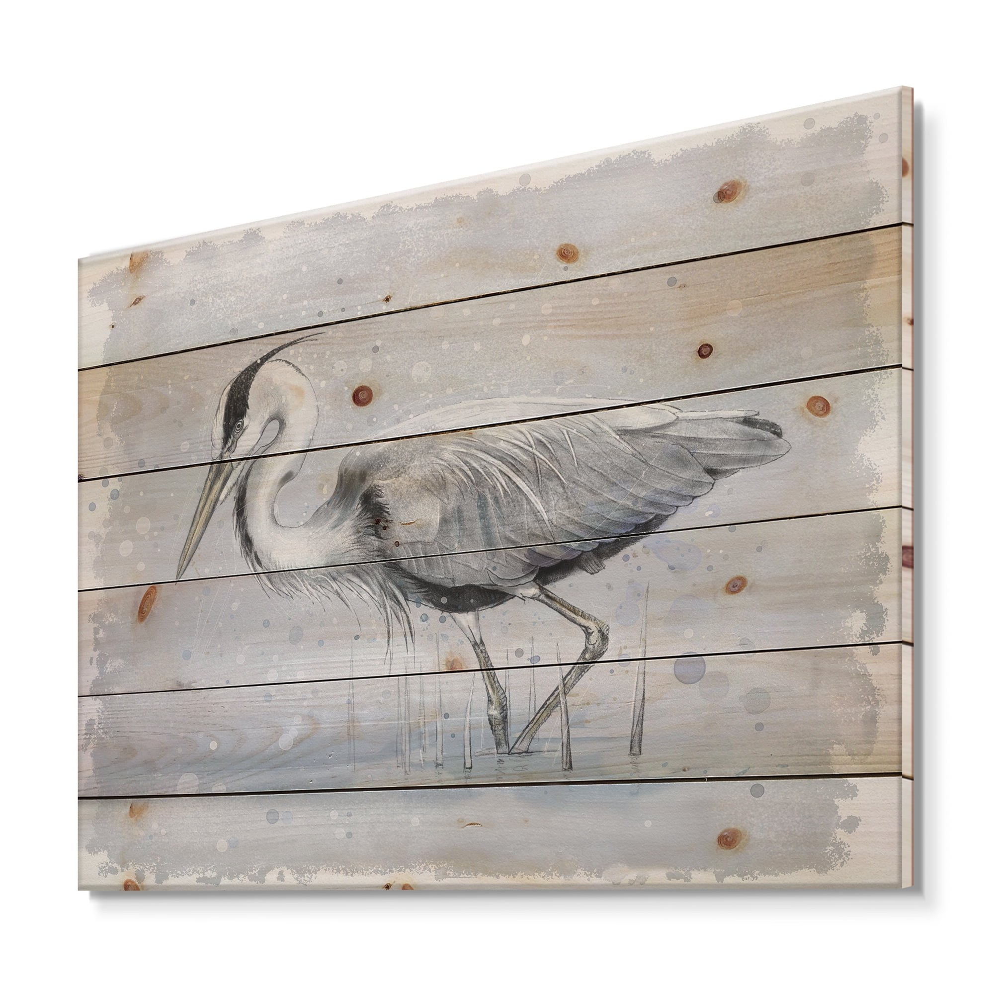 Designart 'Grey Heron Bird In Lake' Farmhouse Print on Natural Pine Wood