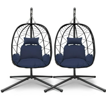 LEGAHOME Oversized Wicker Egg Chair with Ottoman and Thick Cushions, Outdoor Indoor Large Rattan Egg Chair, Heavy Duty Egg Chair for Porch, Backyard, Balcony, Dark Blue