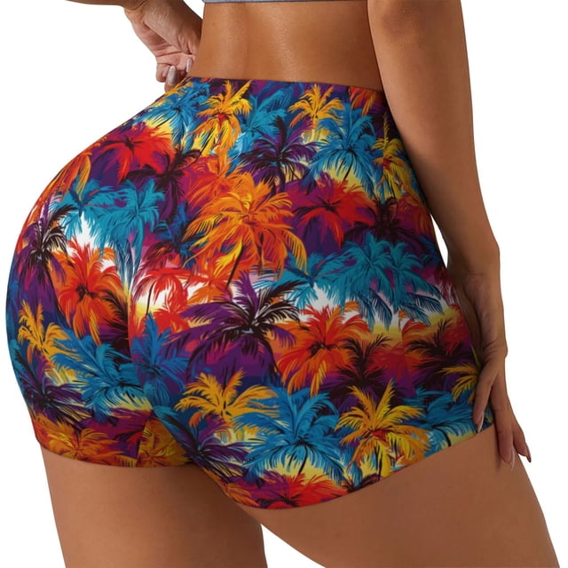 Balery Colorful Hawaii Palms Pantalones cortos de entrenamiento estampados para mujer, sin costuras, ajustados, para gimnasio, yoga, correr, deportes, ejercicio activo, fitness.-Small