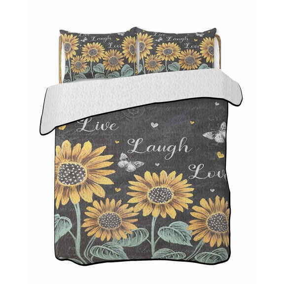 Quilts Twin Size, Sunflowers Rustic Soft Comforter Bedding Set for Bed, Spring Summer Pastoral Flowers Black Lightweight Quilted Bedspread with Pillow Cover(2 Pieces) for All Season, 68x86 Inch