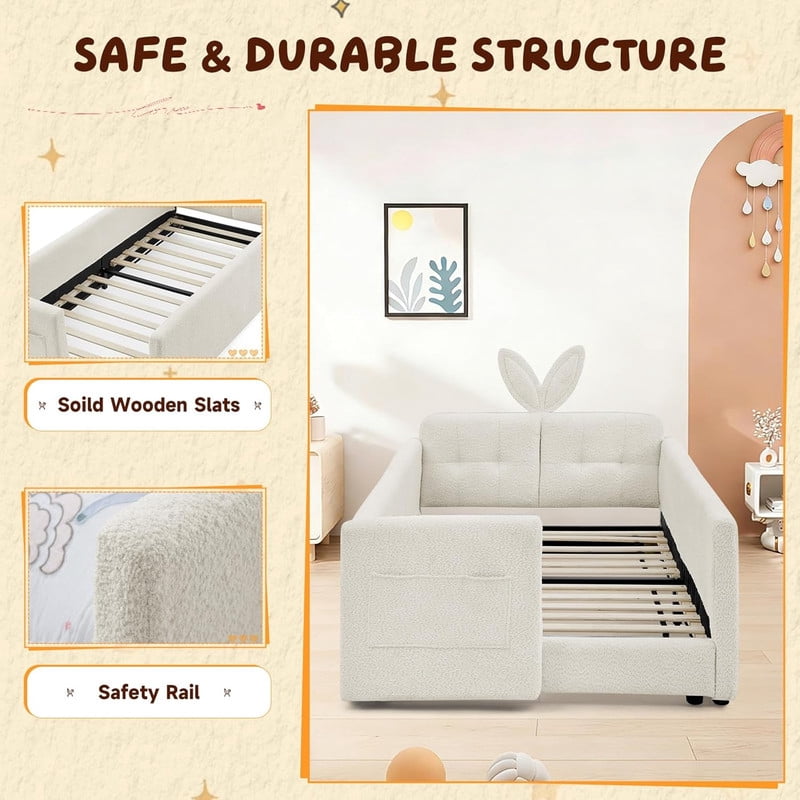 Twin Size Upholstered Platform Bed with Rabbit Ear Headboard, Kids Floor Bed with Storage Pocket & Safety Guardrail, No Box Spring Required