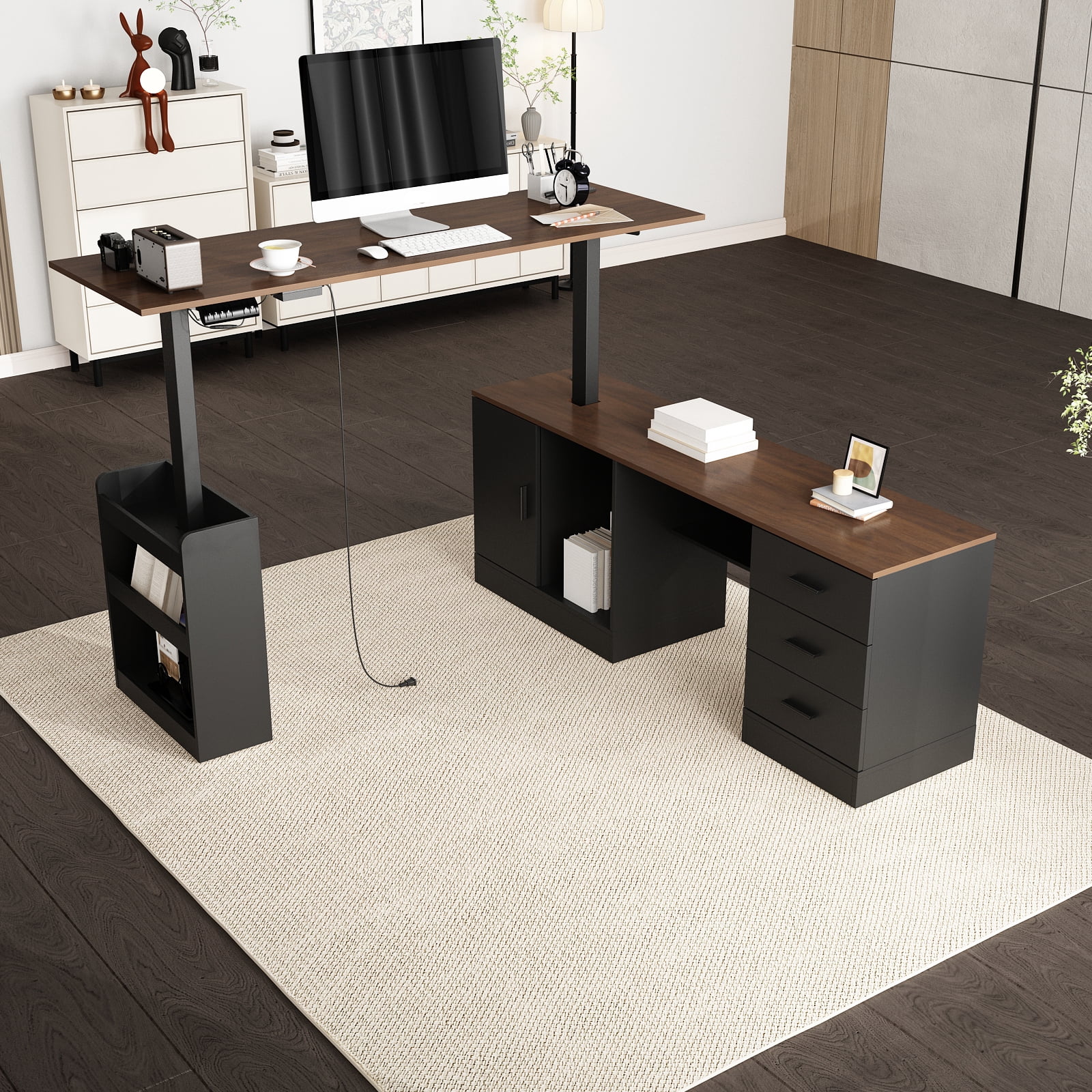 KULAGAGA Electric Standing Desk with Drawers and Shelves, Executive Adjustable Height Desk, L-Shaped Design, 63 inch Tabletop, for Office Deep Brown & Black