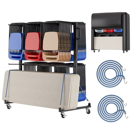 Heavy-Duty 2-Tier Folding Chair Cart - 800LBS Storage Dolly with 360° Wheels & Dust Cover, Holds 84 Chairs or 42 Chairs   12 Tables (5.9'L x 2.74'W x 5.57'H)