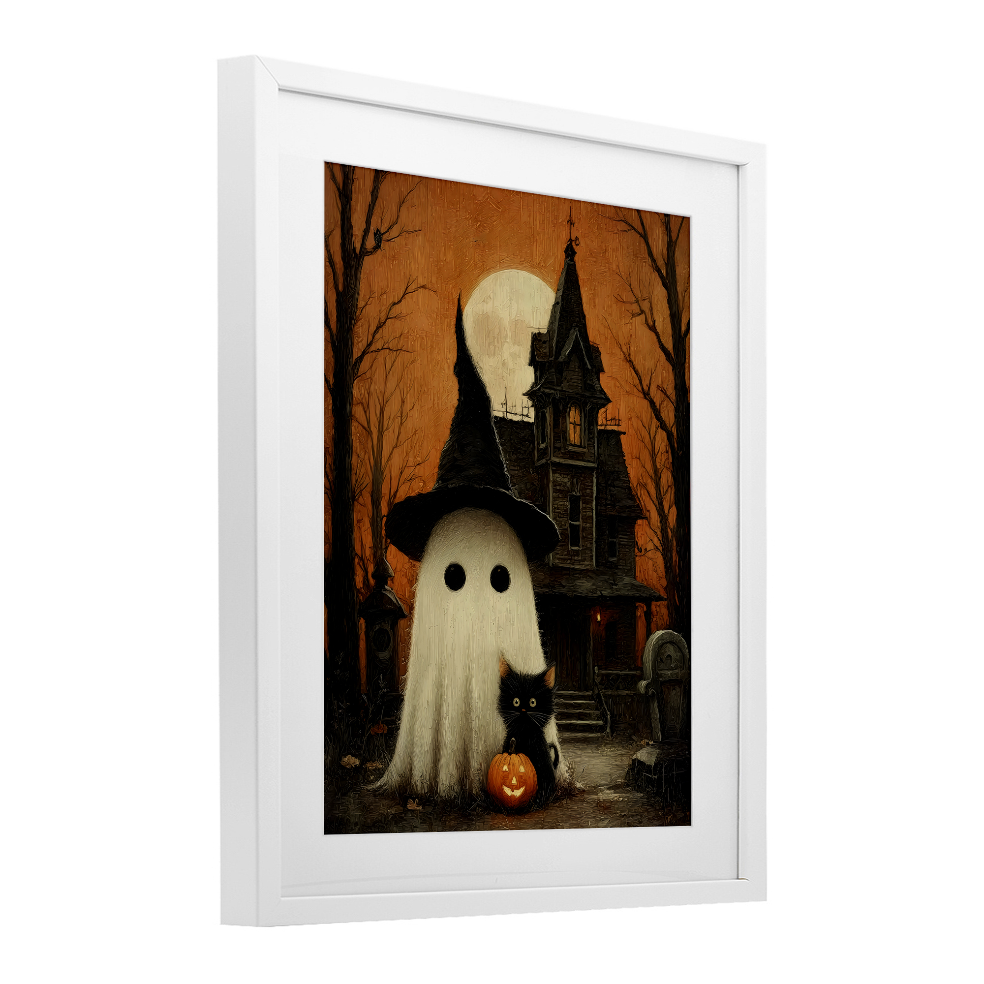 Cute Ghost & Haunted House White Framed Print Under Glass, design by Arlington Prints