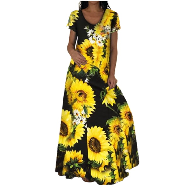 Pompotops Robe Maxi Bohème Décontractée d'Été pour Femme à Manches Courtes, Col Rond, Imprimée, Longueur Cheville