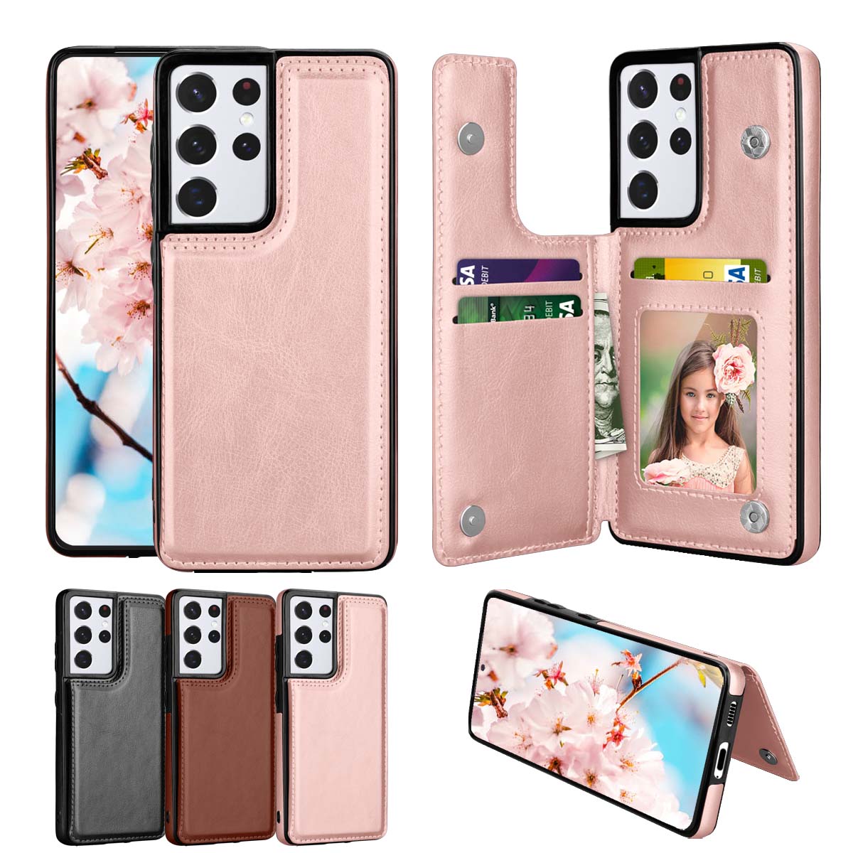 Galaxy S21 Case, Samsung Galaxy S21 Wallet Case, Takfox Shockproof PU Leather Case with Card Pockets 3 Cards Slots Cash ID Credit Card Flip Phone Cases Cover Kickstand Magnetic Hard Cases, Rose Gold - image 1 of 7