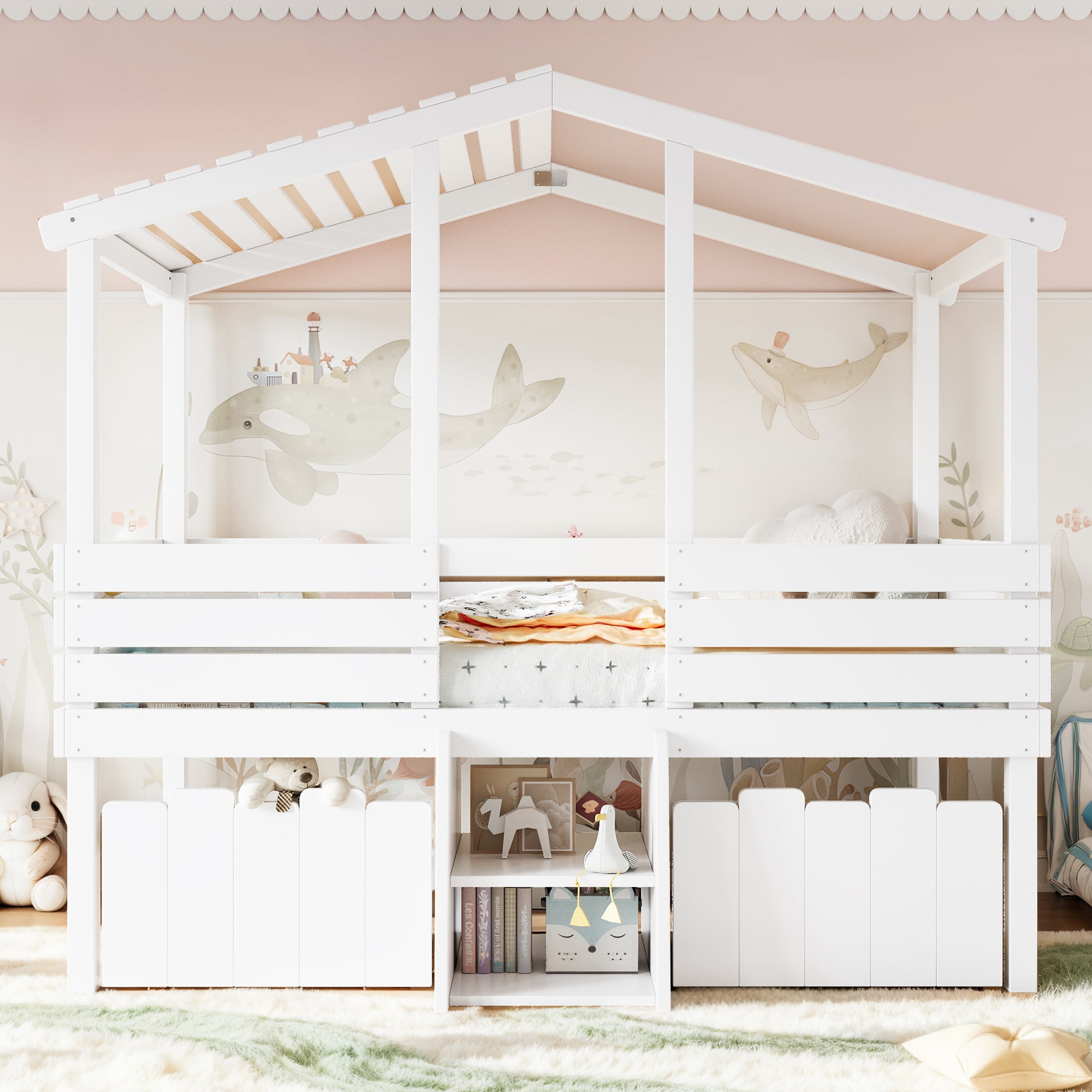 Leumius Twin House Loft Bed with Cute Stairs and 2 Storage Drawers, Farmhouse Low Loft Bed with House Shaped Roof, Childlike and No Box Spring Needed Design White