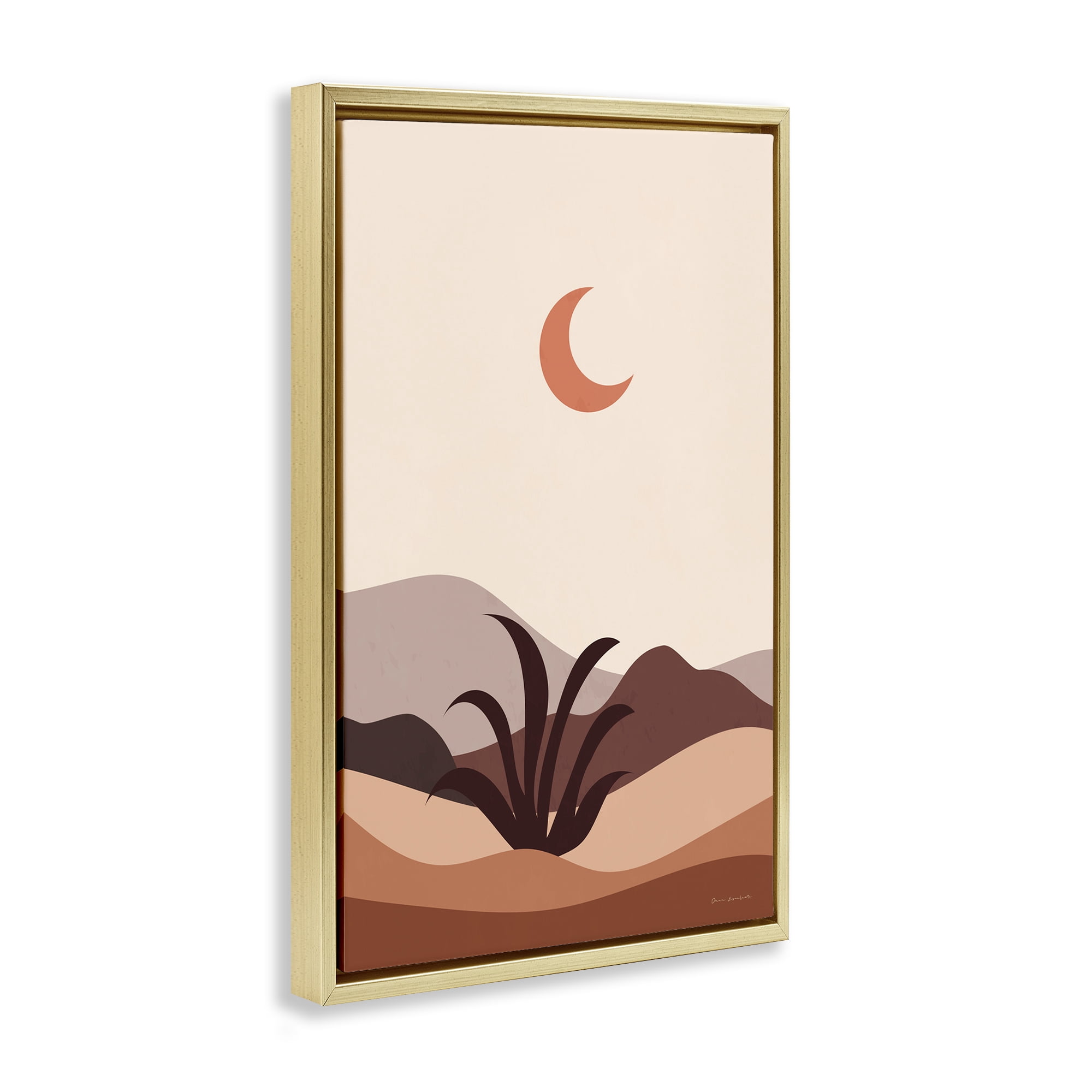 Stupell Industries Moon Over Desert Scene Landscape & Nature Painting Gold Floater Framed Canvas Art Print Wall Art, 17 x 25