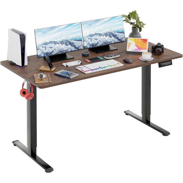 PayLessHere Electric Standing Desk 55x24 Inch Height Adjustable Desk Large Space Office Computer Desk with Headphone Holder 2 Memory Function for Home Office,Brown