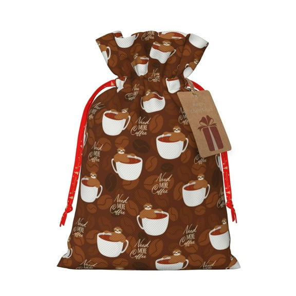 Naloa Sloths Need More Coffee Drawstring Christmas Bags, 3D Xmas Gift Bags, Christmas Wrapping Bags, Xmas Goodie Bags, Treat Pouch Bags, Party Favor Bags-Small