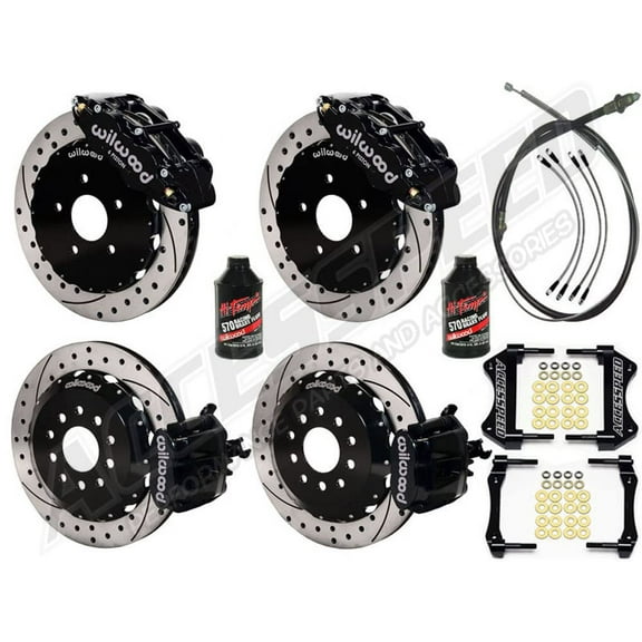 WILWOOD SL6R 13 FRONT & CPB 13 REAR BIG BRAKE KIT COMBO WITH FREE PARKING BRAKE CABLE, BRAKE LINES & BRAKE FLUID, DRILLED ROTORS & BLACK CALIPERS - For 1994-2004 MUSTANG