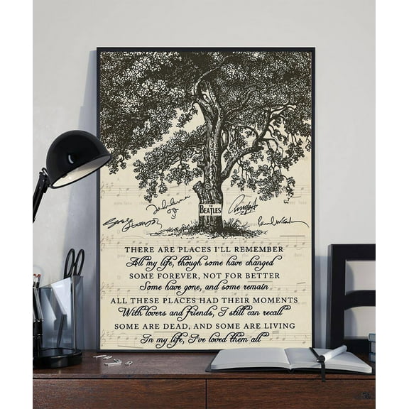WestConfe Beatles In My Life Quote Print, Nostalgic Memories Lyrics Wall Art, Sentimental Tree Poster, Music Lover Places Recall Decor