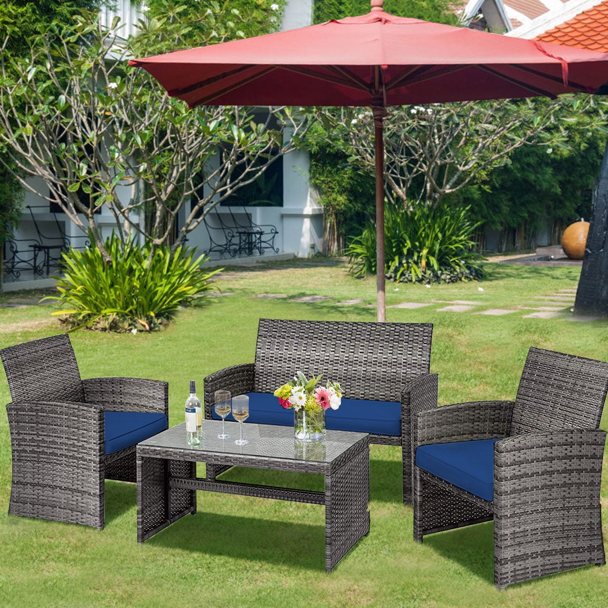 Costway 4PCS Patio Rattan Furniture Set Conversation Glass Table Top Sofa Cushioned Navy