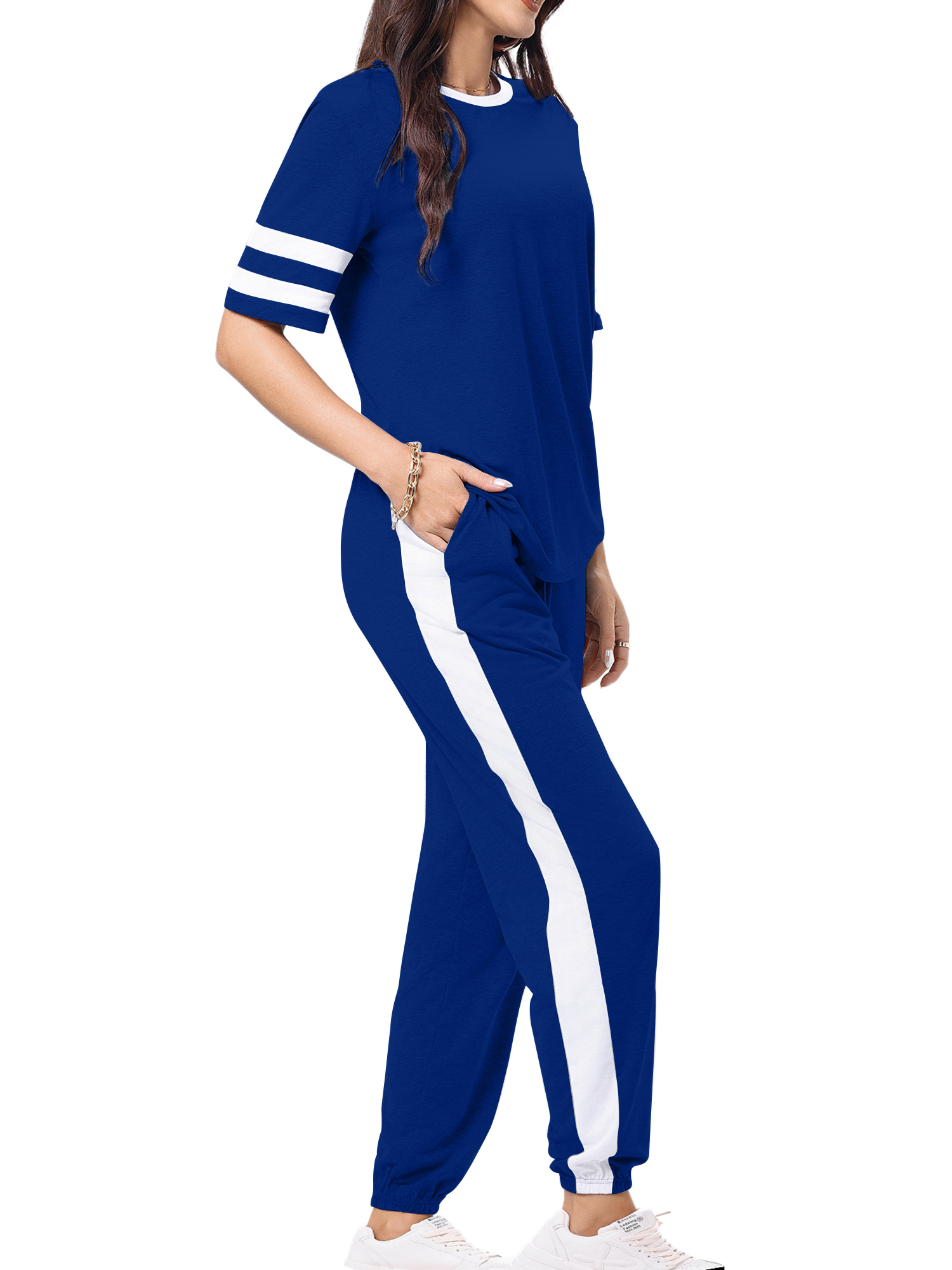 Shine Up Women's Striped Short Sleeve Sweatsuit Set photo 3