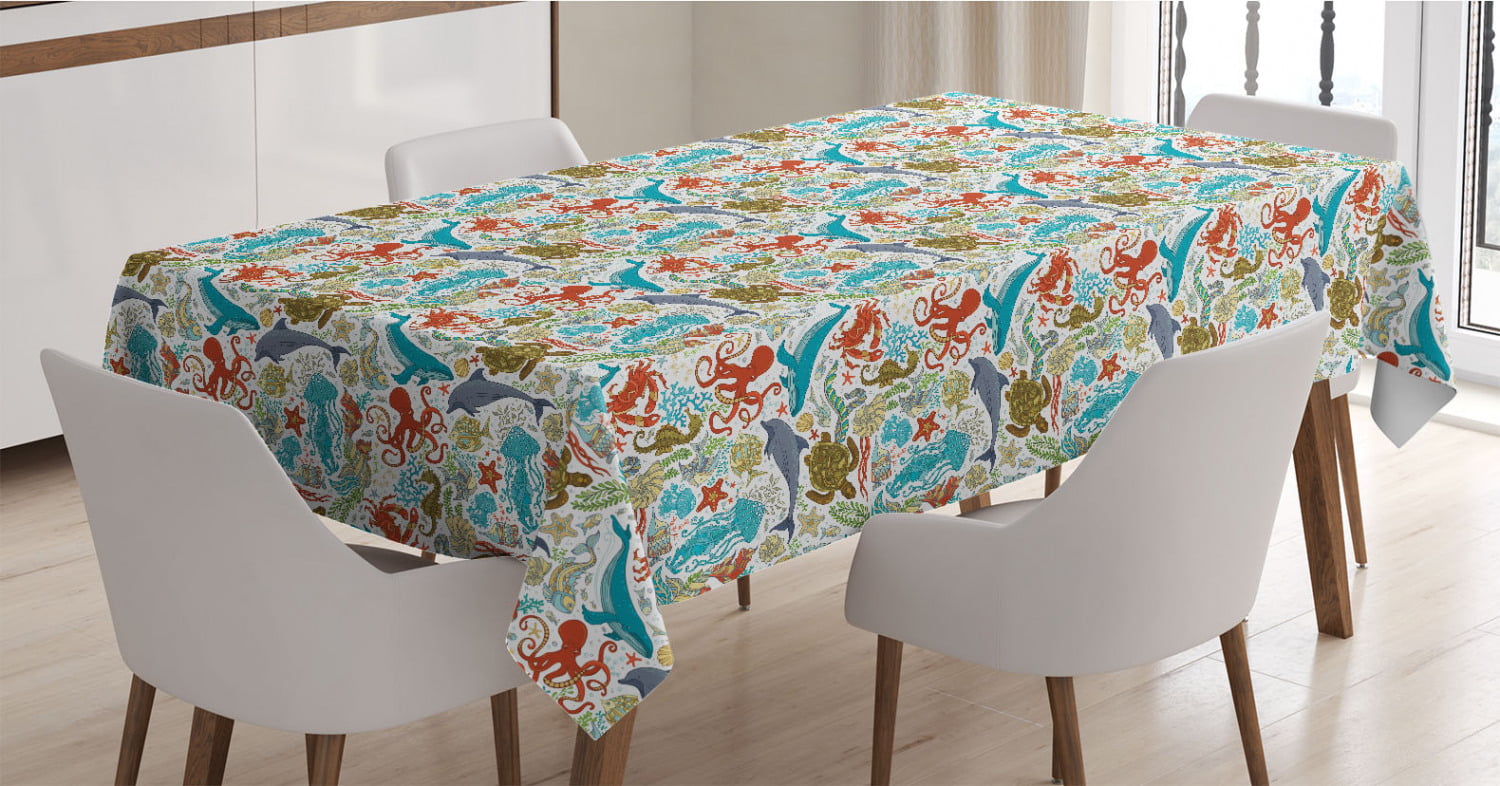 Multicolor Rectangle Satin Table Cover Accent for Dining Room and Kitchen Space Thematic Hand Drawn Pattern Universe Ship Dino Characters Planets Sketchy Ambesonne Dragon Tablecloth 60 X 84 
