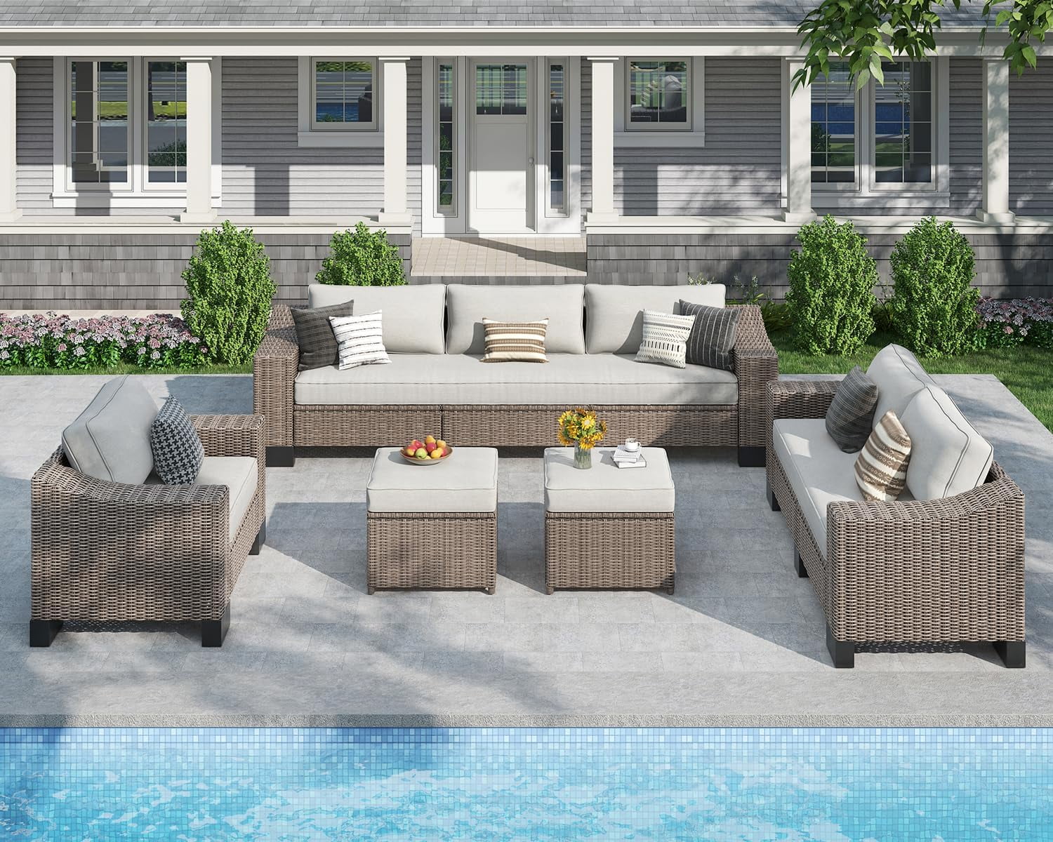 8 Pieces Outdoor Patio Furniture Sets with Ottman, Manual Weaving Wicker for Backyard Patio Garden