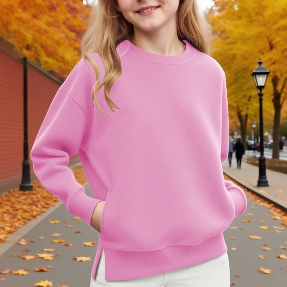 Xdegoge Girls Sweatshirt Long Sleeve Crew Neck Sweatshirts Trendy Side Split Tops Casual Loose Oversized Pullover Back to School Casual Outfits Size 5-14