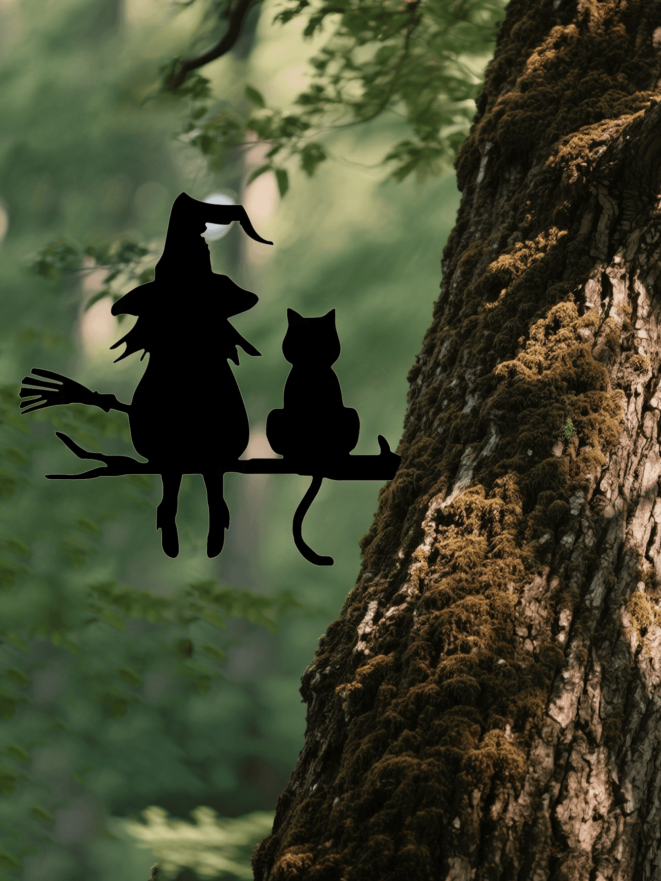 Funny Halloween Witch and Black Cat Metal Wall Art, Broom Silhouette Iron Decorative Plaque, Wall Hanging Ornament for Home Living Room Bedroom & Outdoor Patio