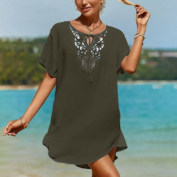 BSDJILFG Women's Lace Dress Sexy V Neck Short Sleeve Crochet Embroidered  Cutout Loose Shirt Dress Swim Dress Bathing Suit Swim Cover-Ups on ,Sizes  S-5XL - Walmart Business Supplies