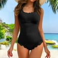 thumbnail image 2 of XUELUO One Piece Swimsuit Women Summer Solid Color Round Neck Ruffled Strappy Sleeveless Ribbed Retro Elastic Slim Swimwear Holiday Wear,Black,L, 2 of 6