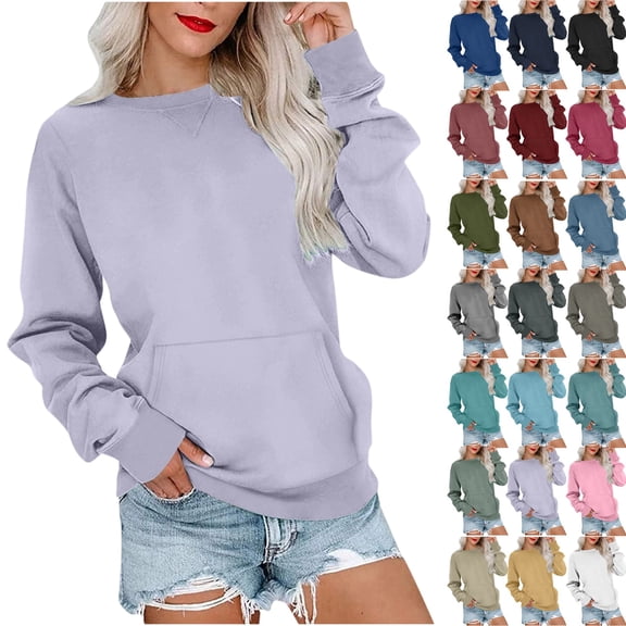 Women's Crewneck Pullover Sweatshirt Long Sleeve Solid Color Casual Top with Kangaroo Pocket Relaxed Fit No Hood Basic Long Sleeve Pocket Relaxed Fit Casual Pullover Tops Jumper for Fall and Winter