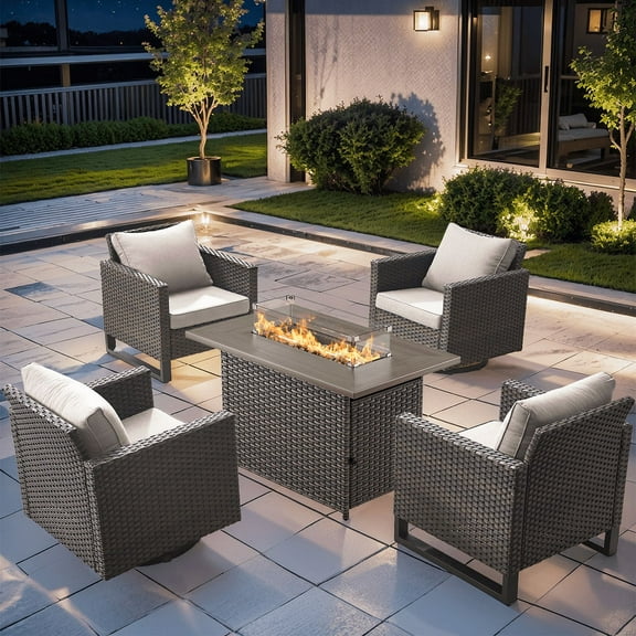 Gymojoy 5 Pieces Outdoor Swivel Rocker Chairs Patio Furniture Set with Gas Fire Pit Table, Wicker Patio Conversation Fire Pit Table Set for Garden, Deck, Porch, Backyard,Beige