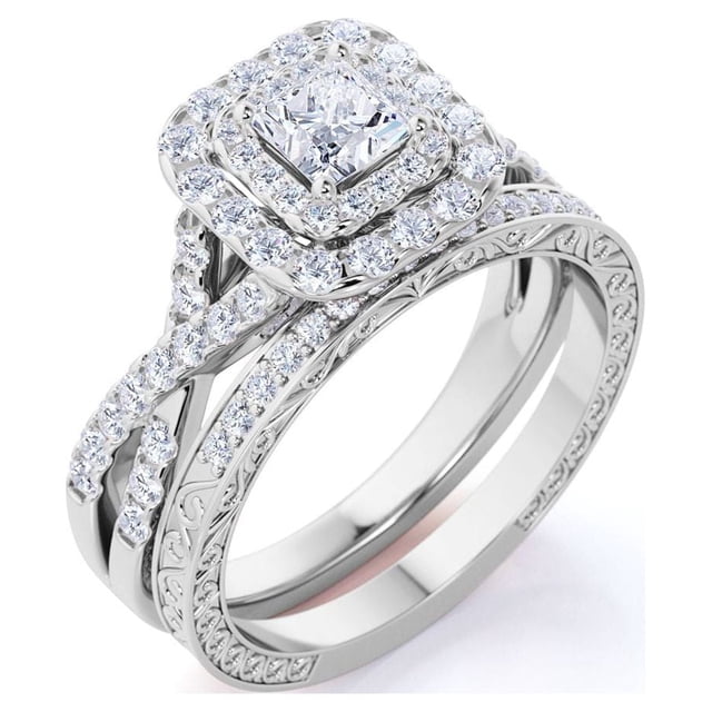 JeenMata Anillo de Bodas con Diamante Cuadrado, Doble Halo, Banda Retorcida, Inspiración Vintage, Pavé, Engastado en Oro Blanco de 10 K